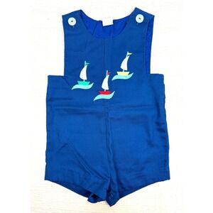 Vintage Kids Blue Sailboat Embroidered Shortall Romper 24 Months